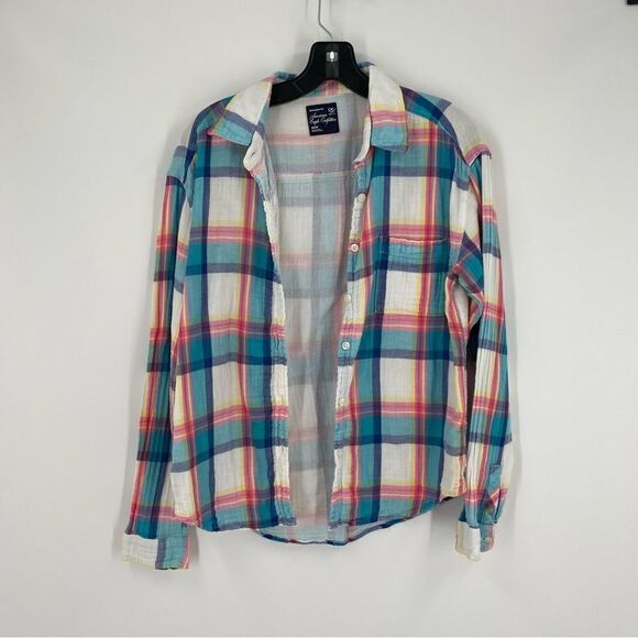 American Eagle Outfitters Tops - American Eagle Women’s Boyfriend Fit Colorful Plaid Cotton Button Front Short M
